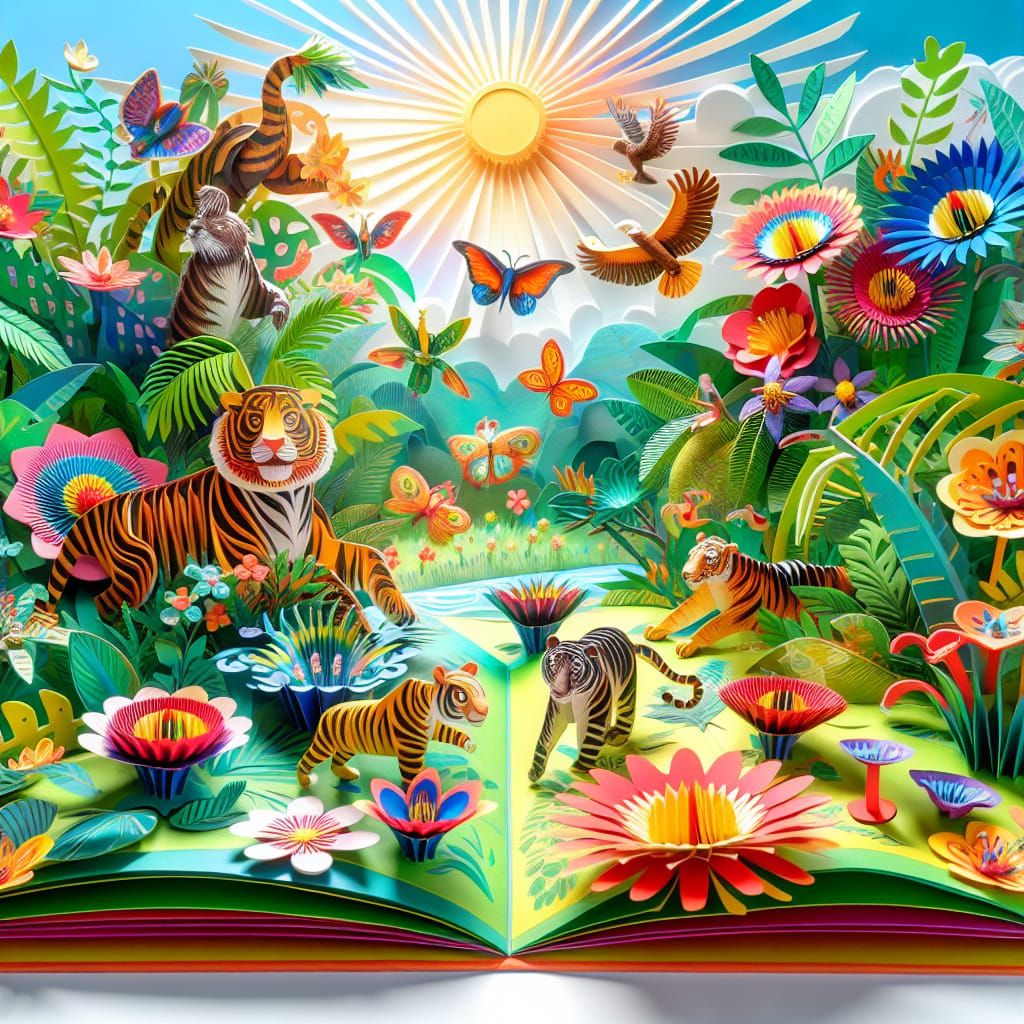 a vibrant pop-up book spread inspired by the Kenzo Pop-Up Book by Massimo Missiroli