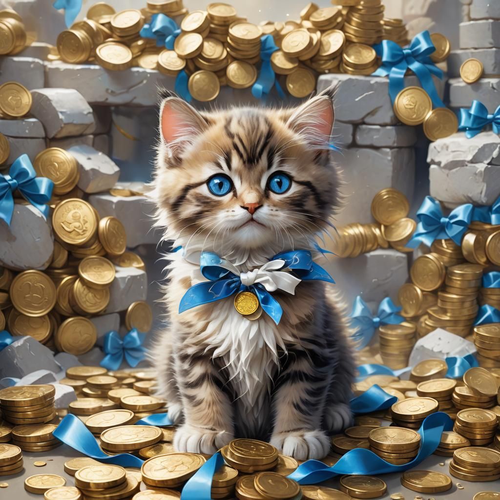 Fluffy Kitten with Gold Coins in Cartoon CGI Style
