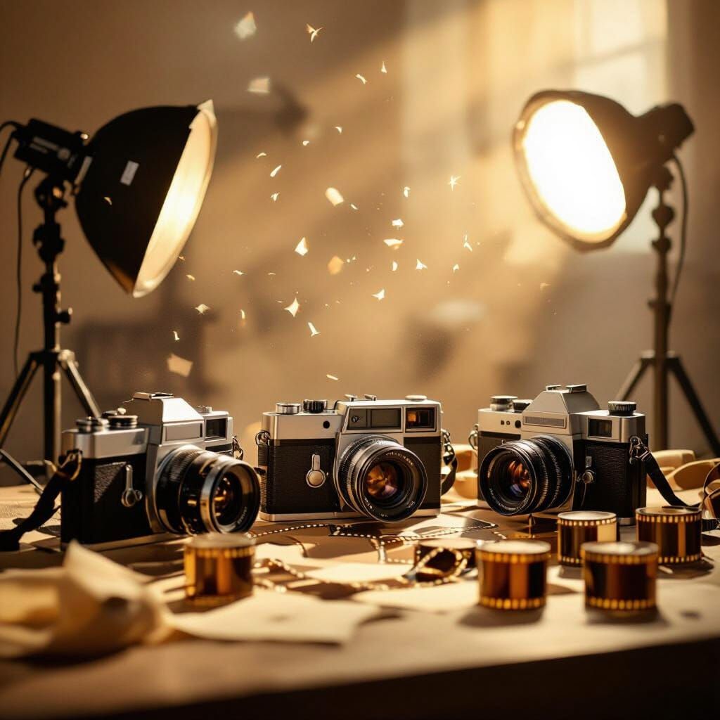 Nostalgic Studio Scene with Vintage Film Cameras