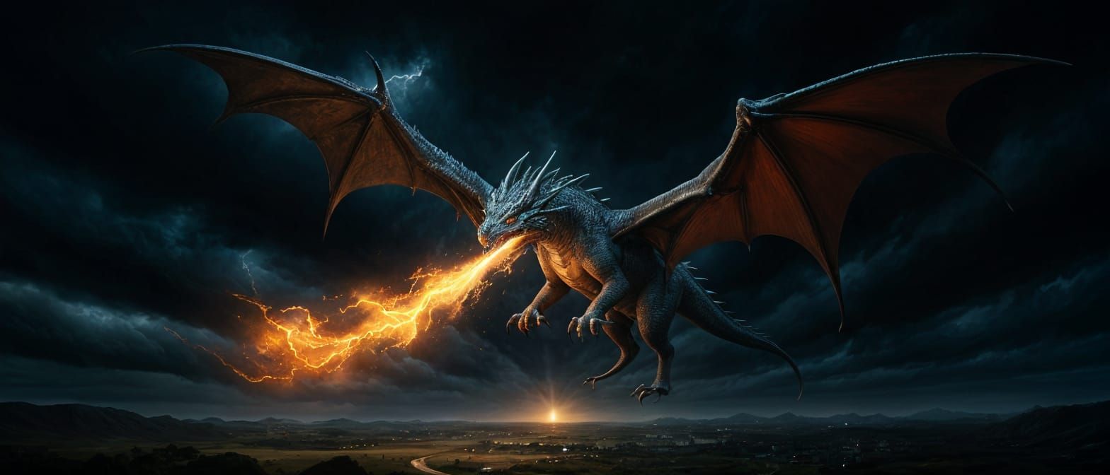 Majestic Dragon Soaring Through Stormy Sky