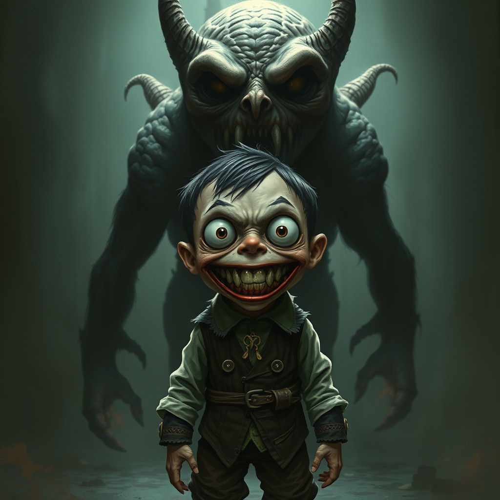 Eerie Boy with Grotesque Creature in Dark Fantasy Art
