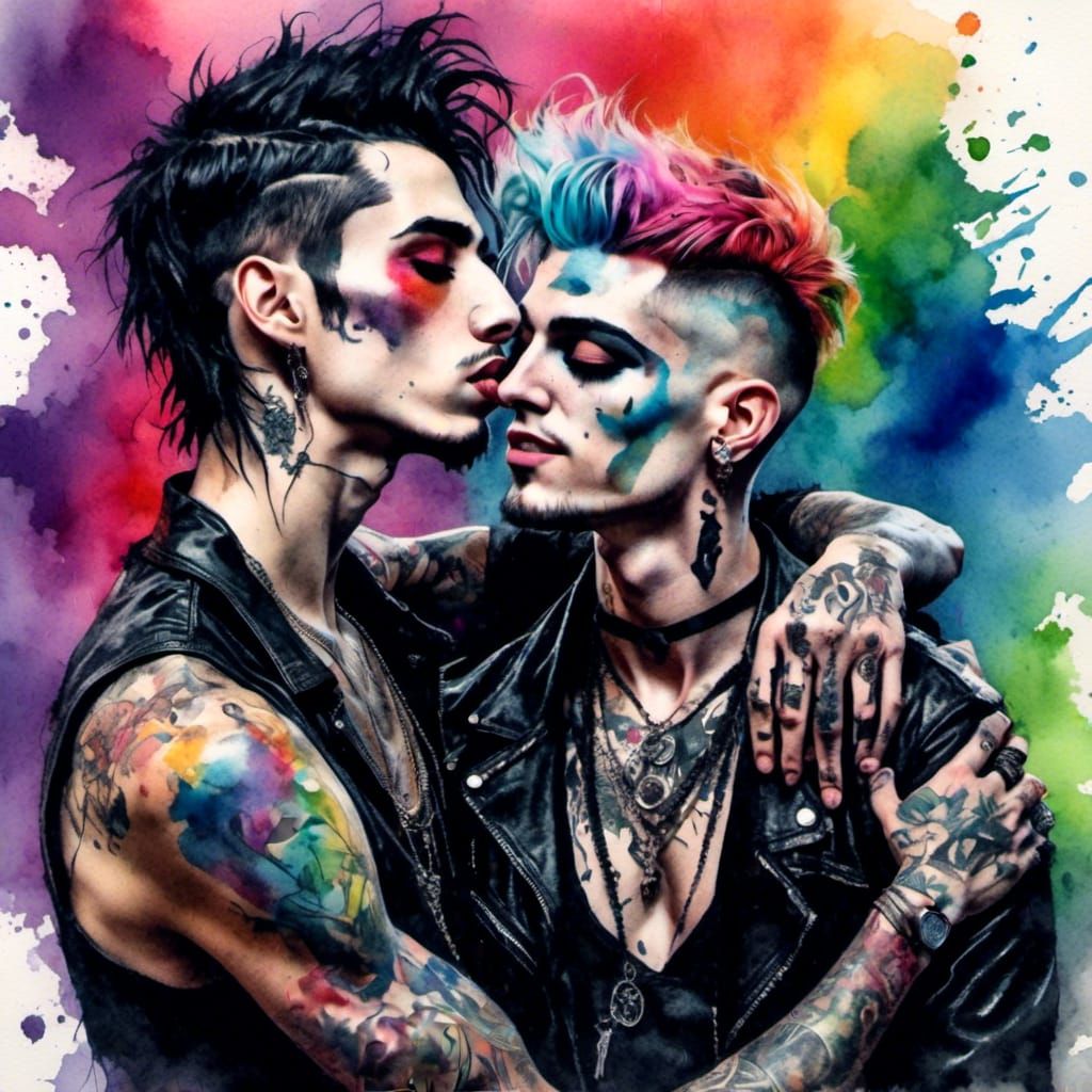 Vivid Watercolor of a Gay Goth Trio