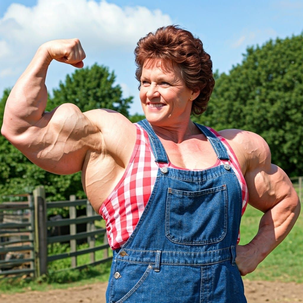 Hyper Muscular Farmer Flexing Bicep in Farmyard