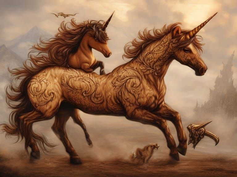 Kitten Riding Pyrographic Unicorn in Woodburning Art