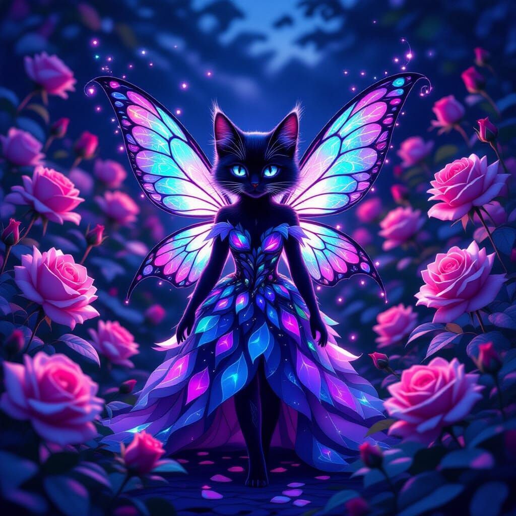 Cat Fairy in Bioluminescent Rose Garden at Twilight