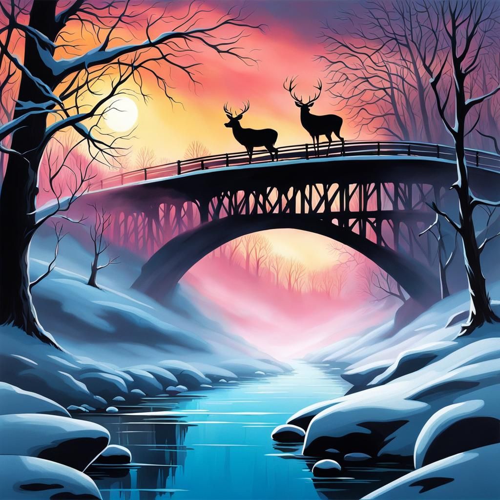 Mystic Winter River Scene in Graffiti Art Style