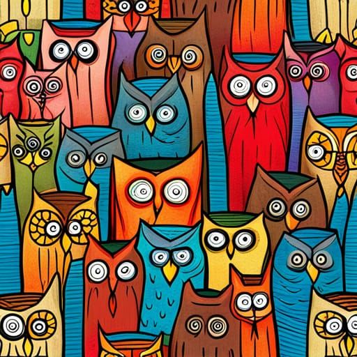 Interdimensional Owls in Colorful Seamless Pattern