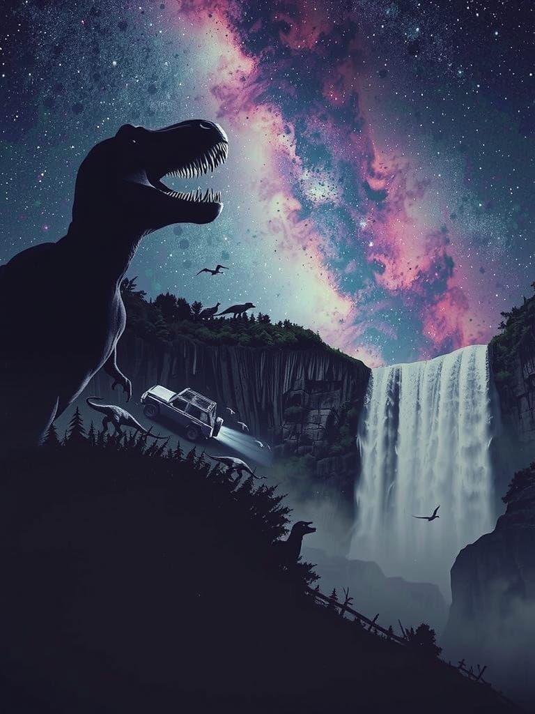 A giant tyrannosaurus Rex hovering over a Jeep with smaller dinosaurs, with a large beautiful waterfall in the backgroun...