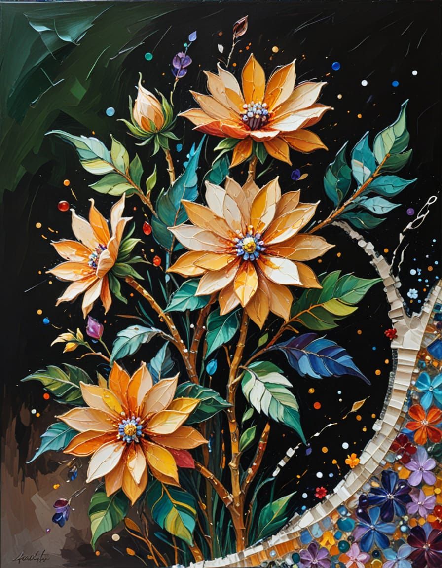 (flowers:1.5), Leonid Afremov and Gerrit van Honthorst, silver dominant, hues of ocher, carmine, malachite, opal, azurit...