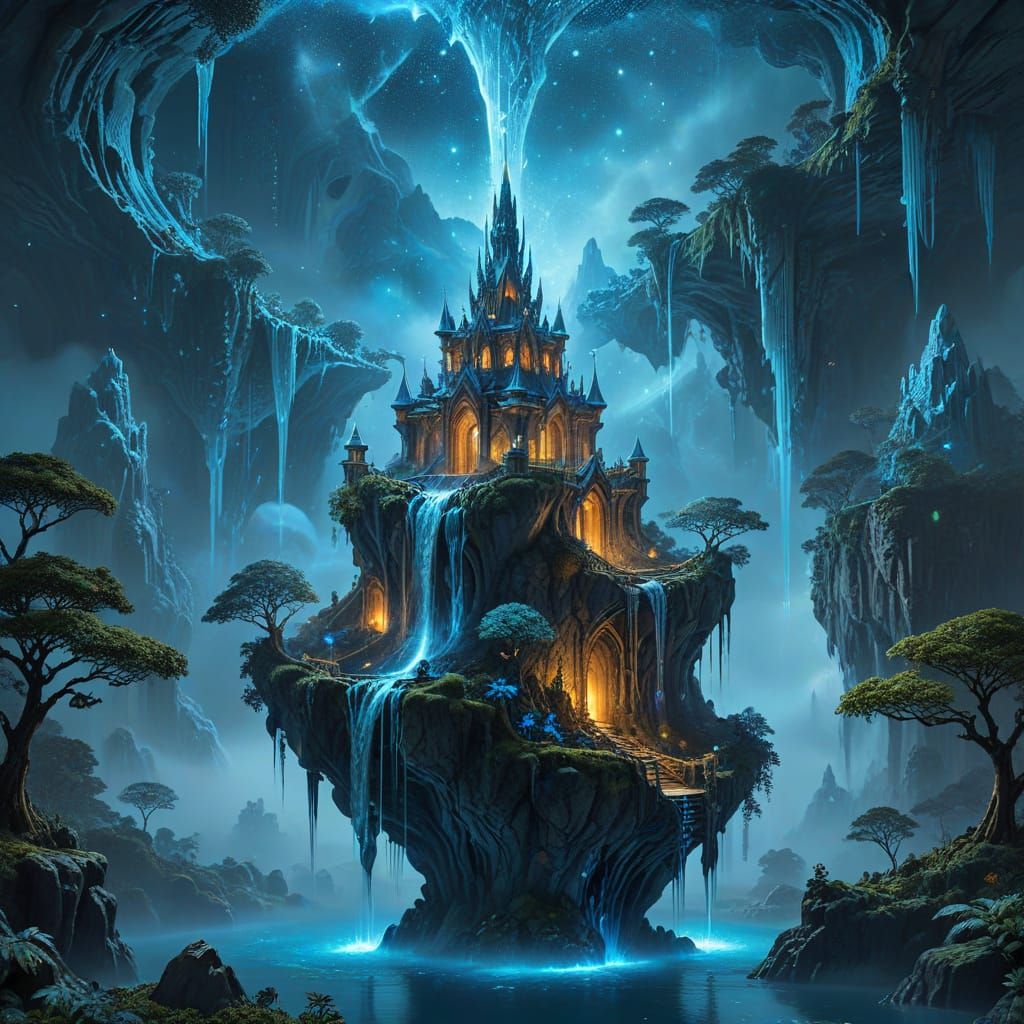 Floating Elven City with Bioluminescent Waterfalls