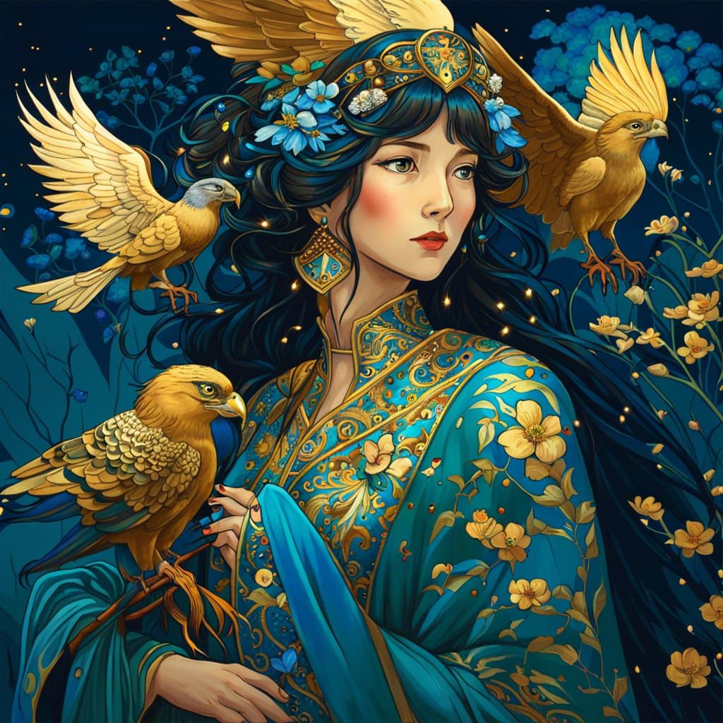 Princess with Golden Hawk in Anime Style