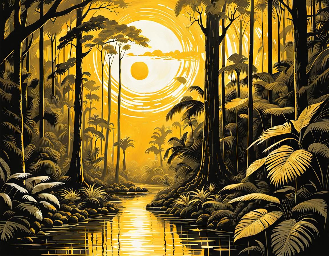 Golden Rainforest Sunlight: Maximalist Decopunk Painting