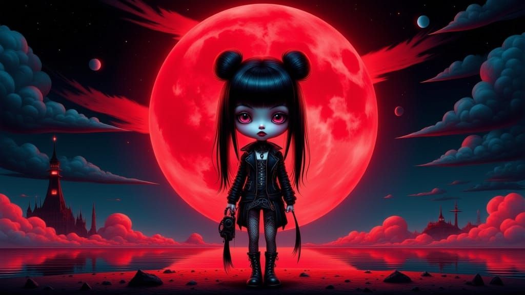 Chibi Goth Punk Girl Beach Scene Under Red Moon