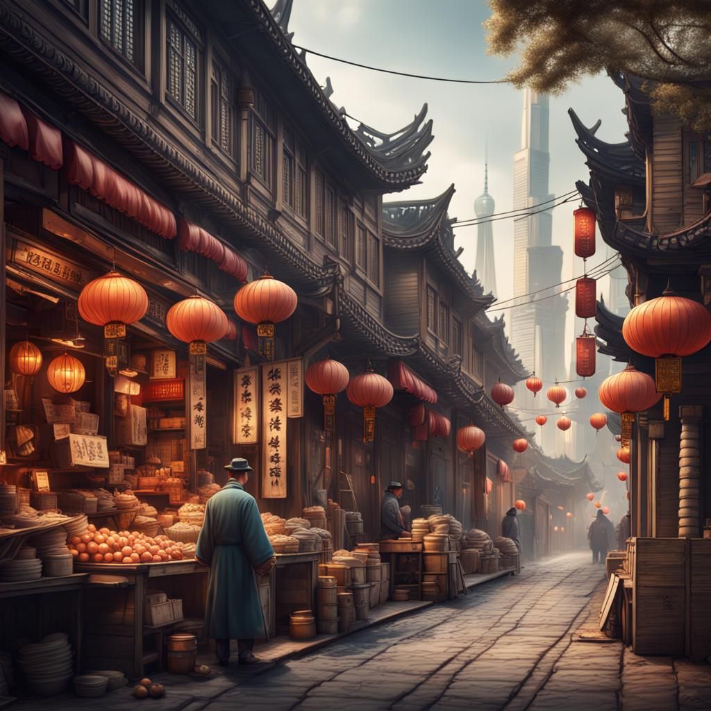 Shanghai Old Street: Nostalgic Illustration in Detailed Matt...