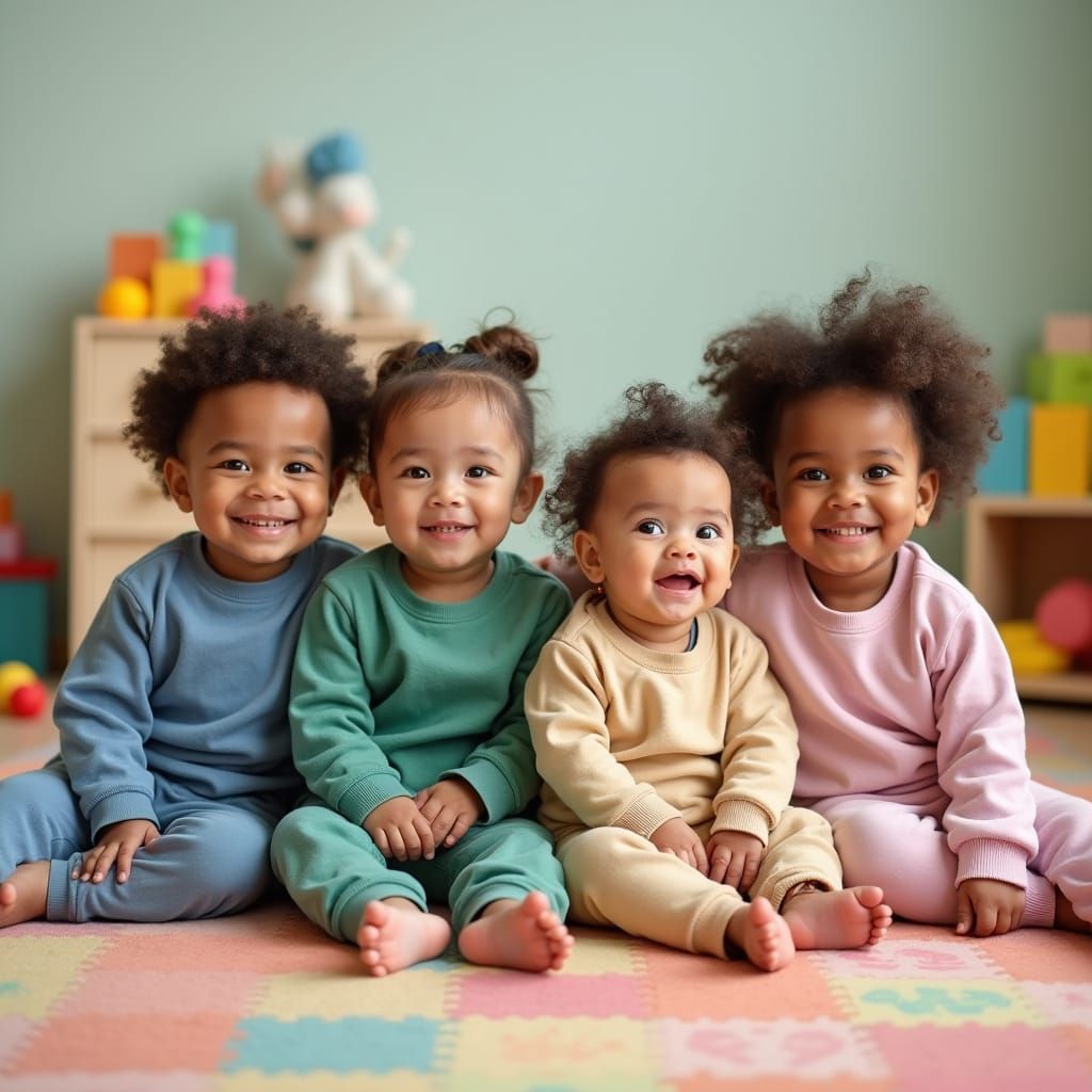 Toddlers in Colorful Sweatsuits in Playroom Studio Shot