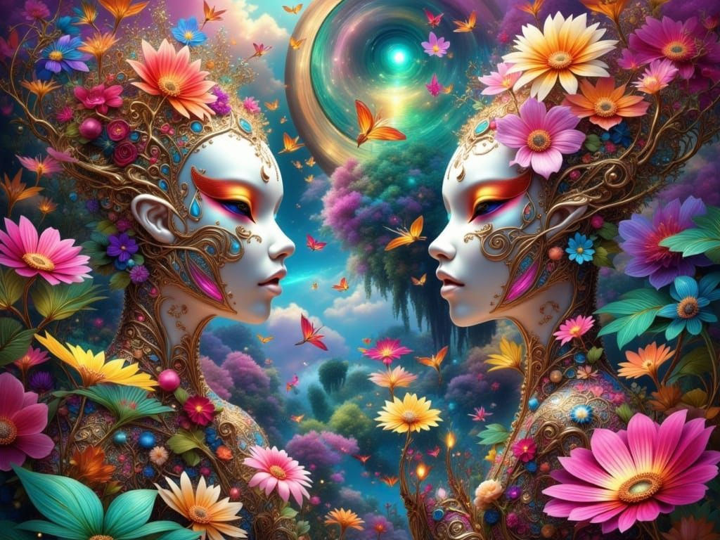 Ethereal Geometric Aliens Admire Vibrant Shangri-La