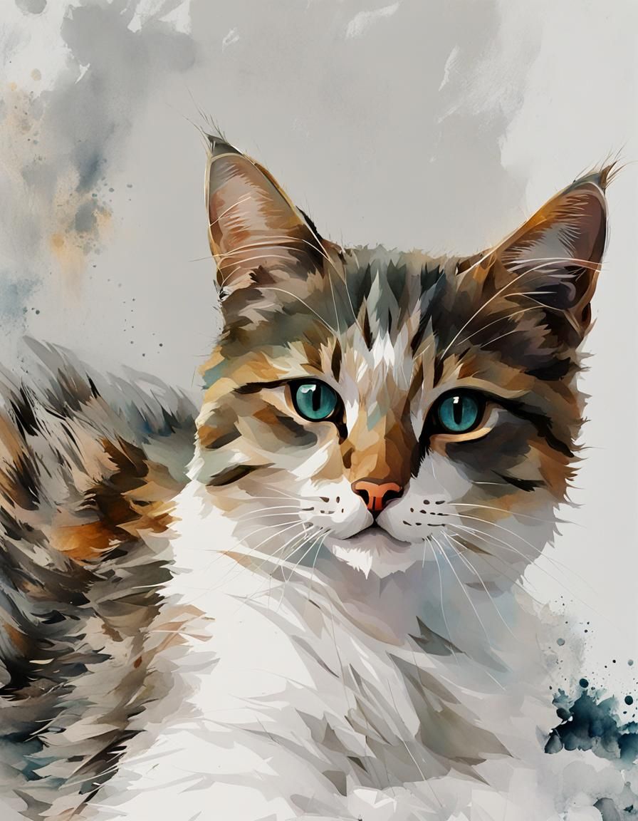 Striped Cat Watercolor Illustration in Art Nouveau Style