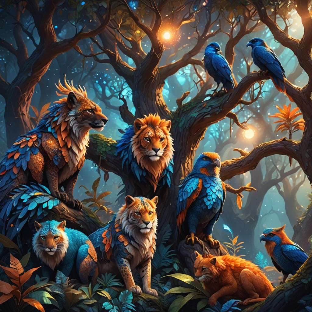 Exotic Animals Gather Around Ethereal Tree