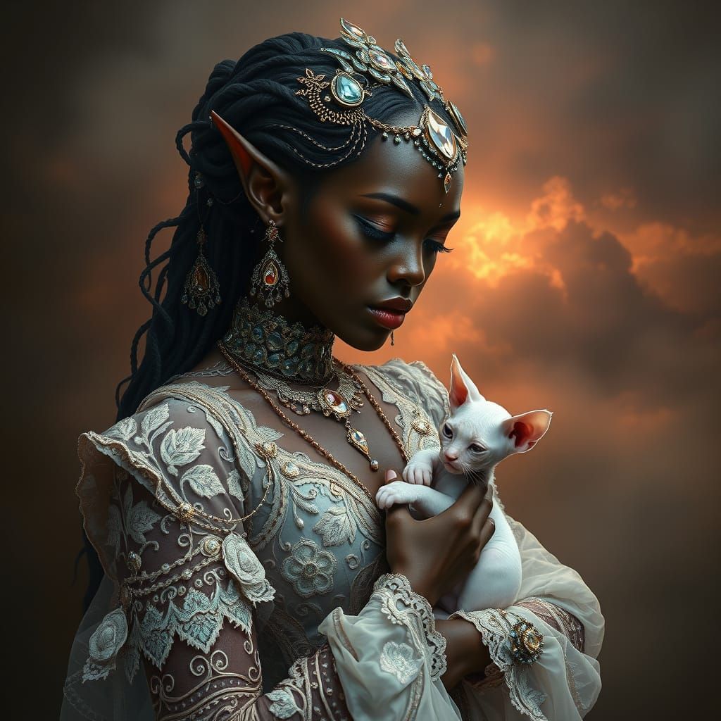 Elf Woman with Kitten: Hyperrealistic Matte Painting