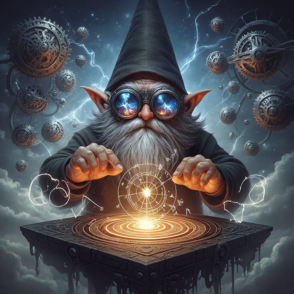 Gnome Wizard Manipulating Probability in Mechanical Sky