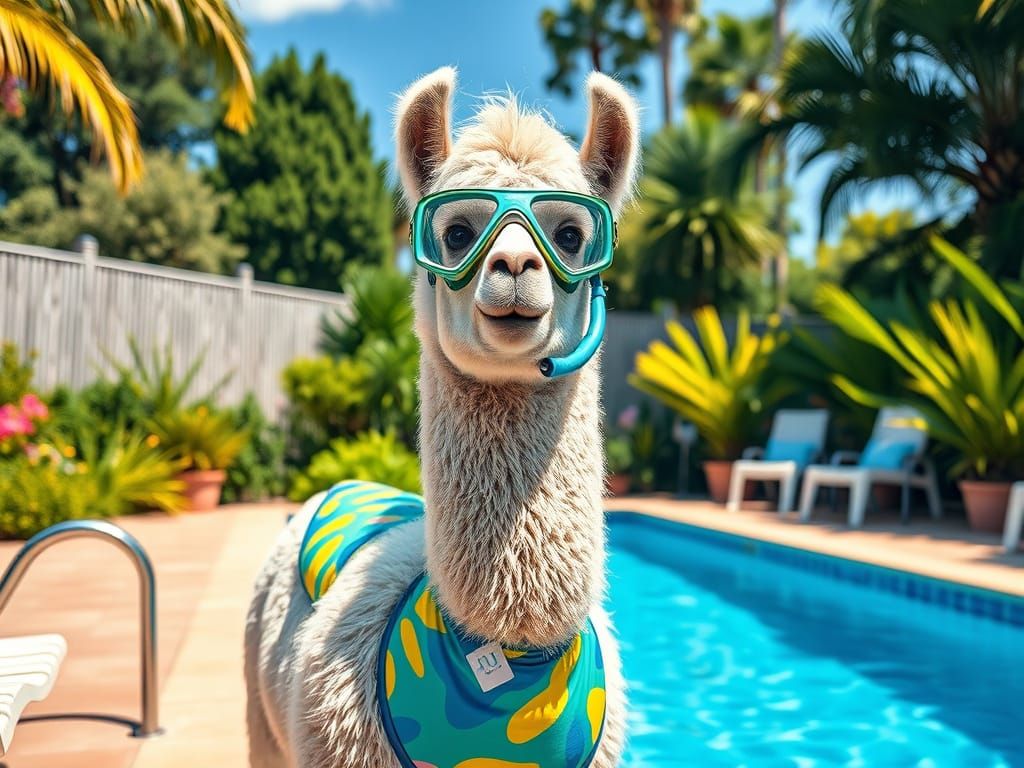 Alpaca's Summer Pool Day in Photorealistic Style