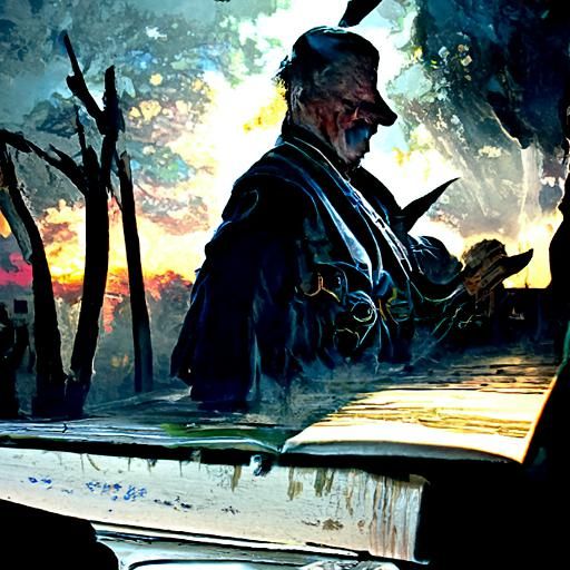 Sinister Old Man Reading Book at Sunset