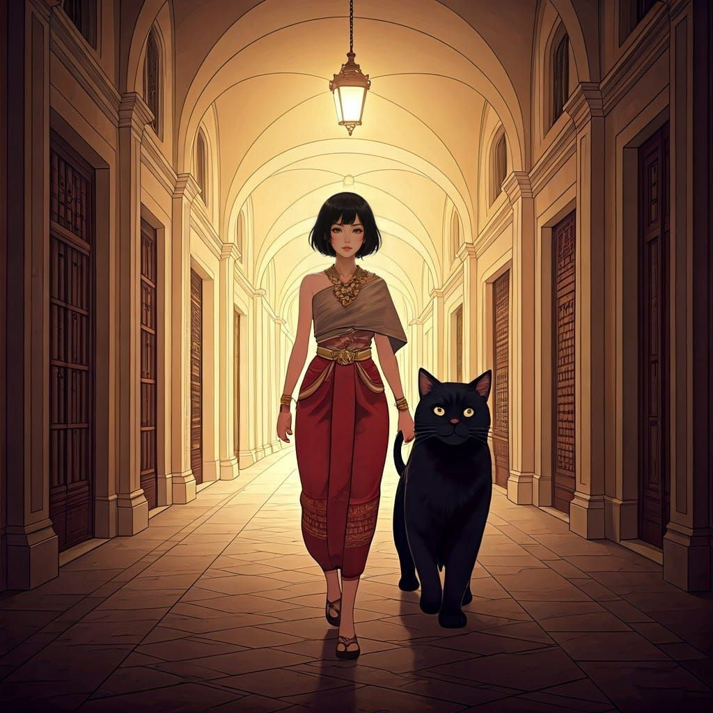 Thai Sorceress Strolls Italian Renaissance City Arcades