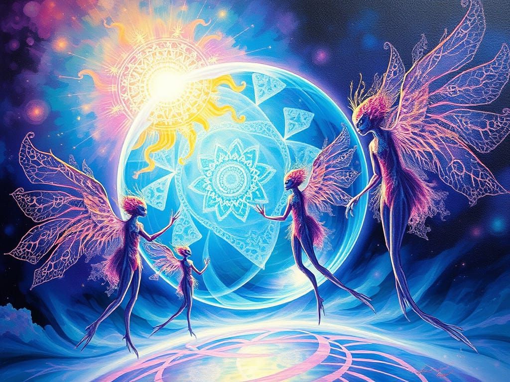 Surreal Otherworldly Realm with Iridescent Beings and Fracta...