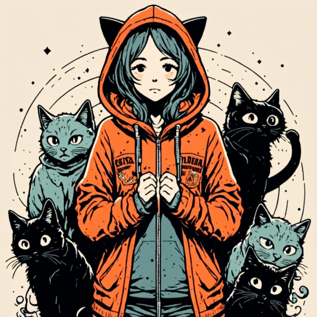 Anime Girl Surrounded by Cats in Hoodie