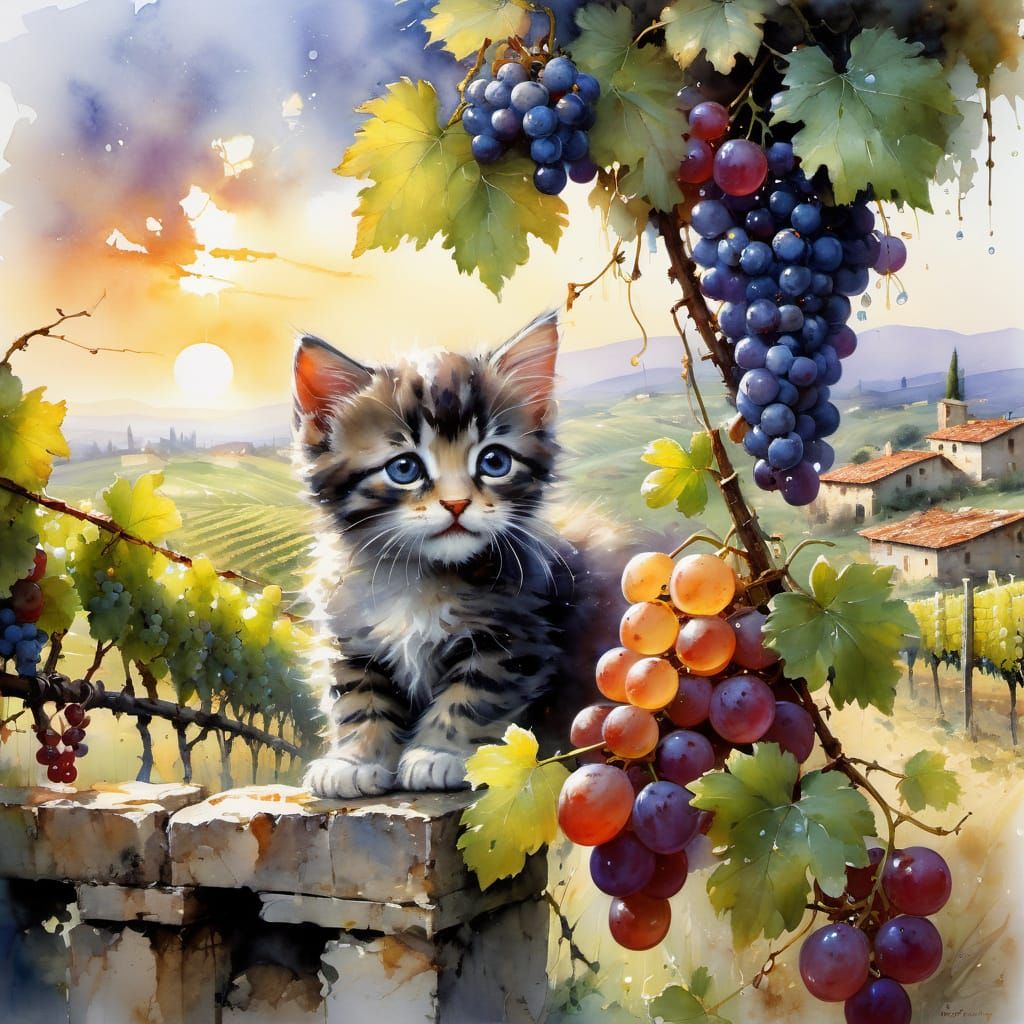 Watercolor Kitten in Italian Vineyard Sunset