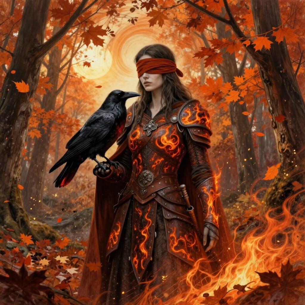 Ember-Druid and Raven in Fiery Autumn Forest