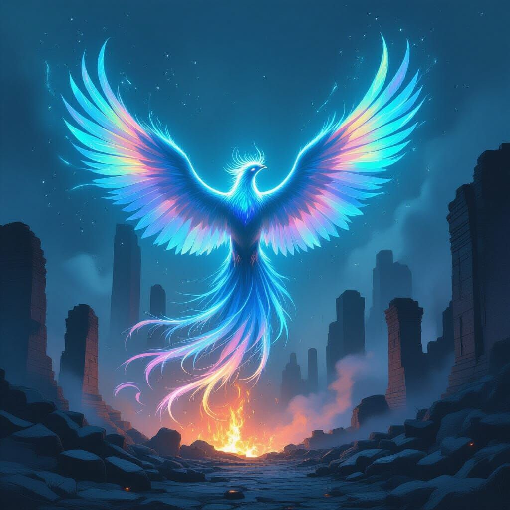 Bioluminescent Phoenix Rising from Ancient City Ruins
