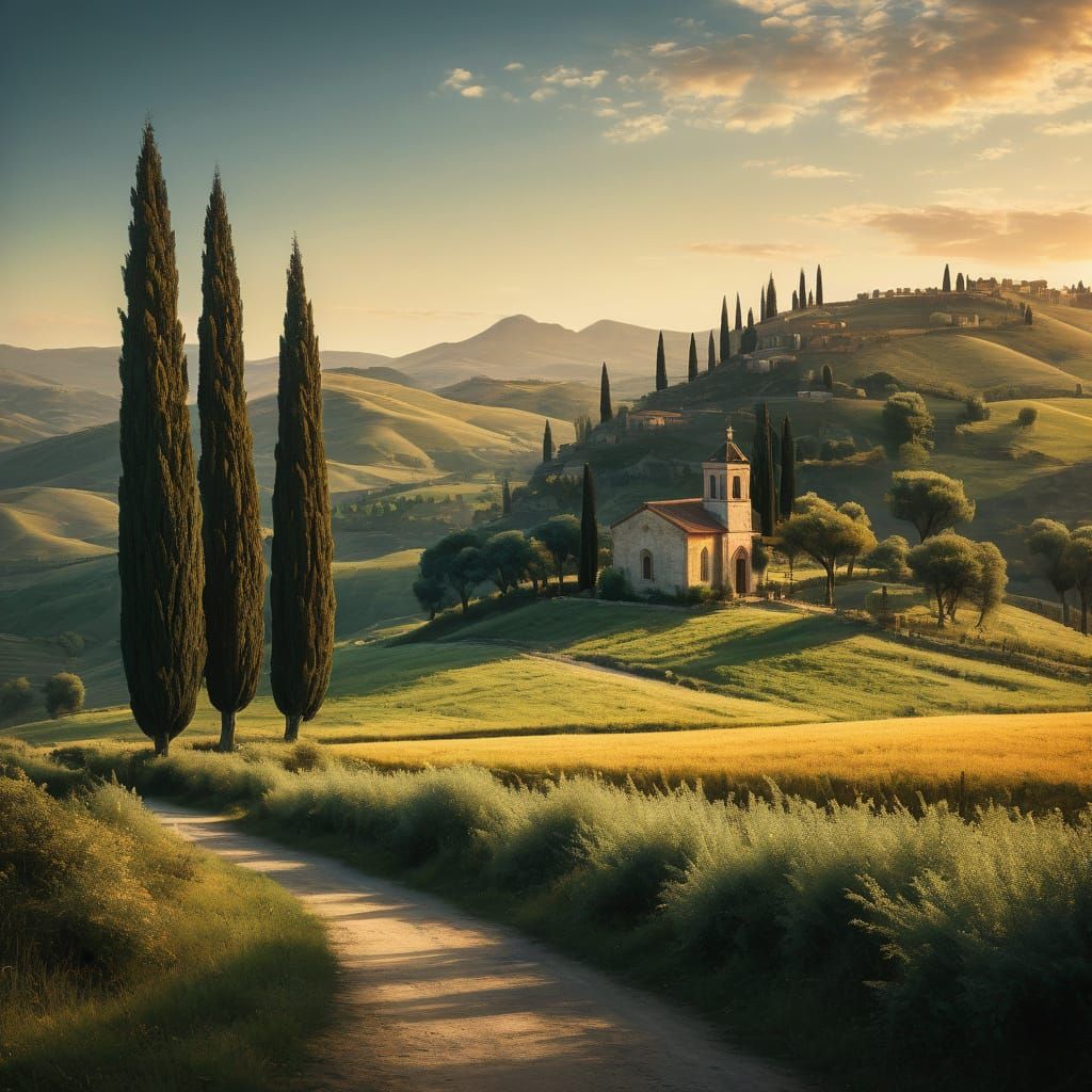 Idyllic Italian Countryside Church in Warm Golden Light