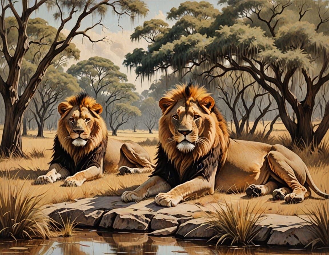 Lions in Vintage Oil Painting Style on Rough Canvas