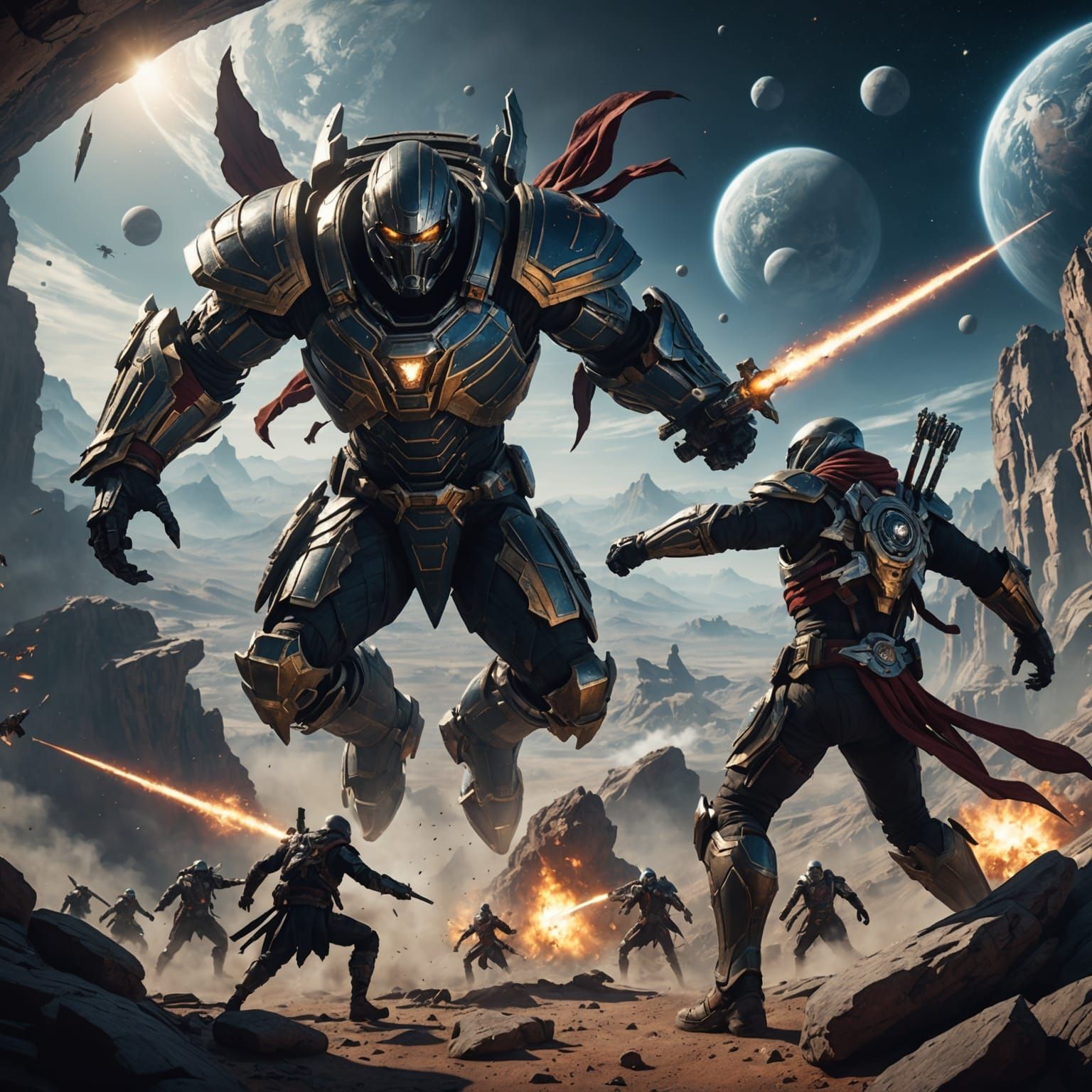 Assassin Battles Space Titan in Detailed Matte Painting