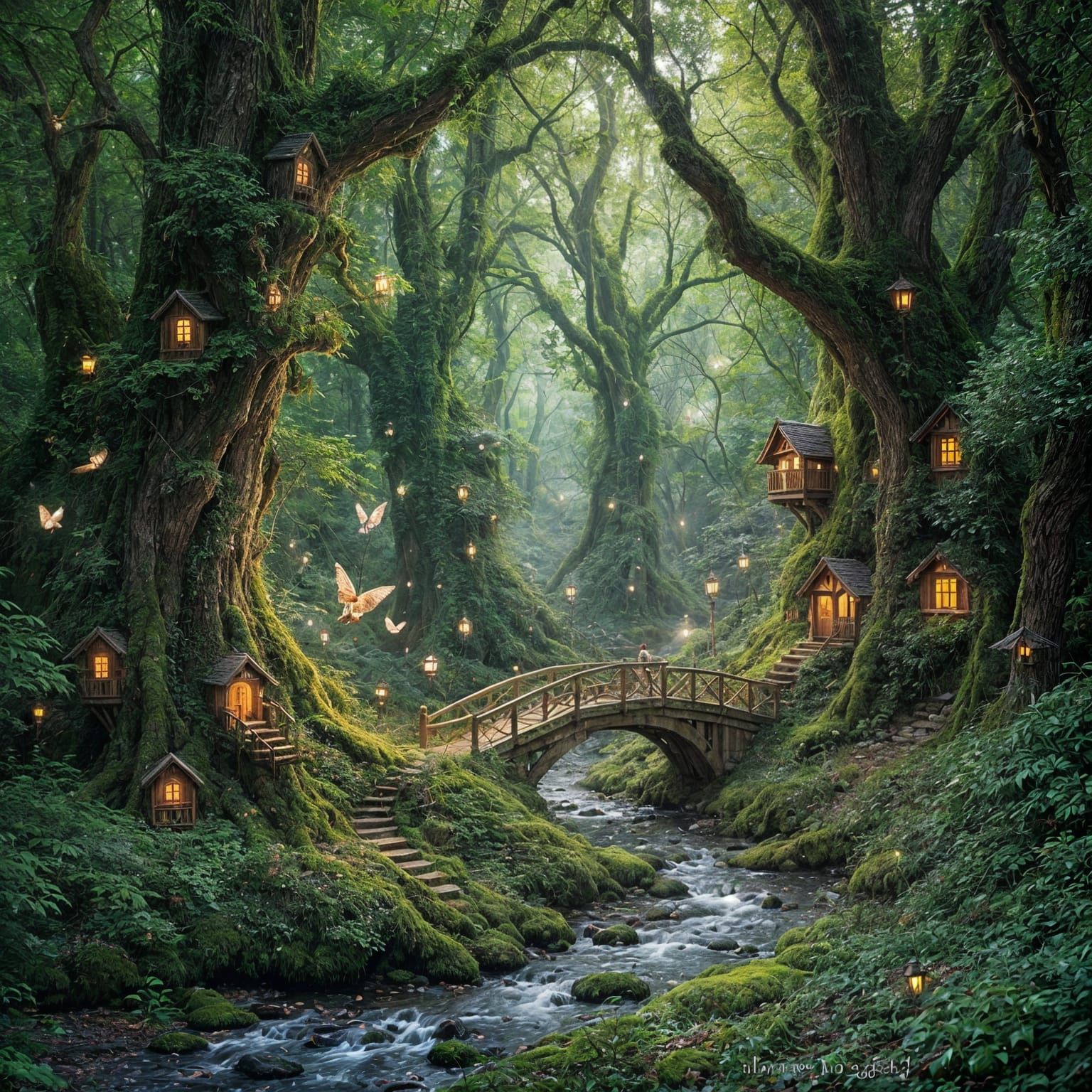 Whimsical Mossy Woodland with Fairy Houses and Creek