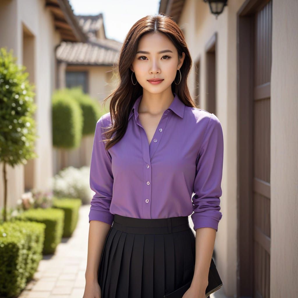 Asian Woman in Vibrant Purple Outfit with Purple Heels
