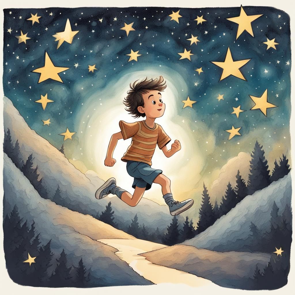 Boy Runs with Owls Under Starry Sky