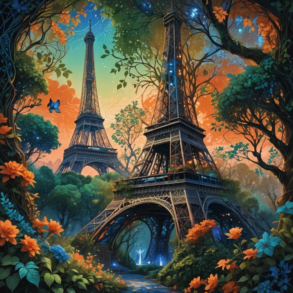 Eiffel Tower Rises from Mystical Forest