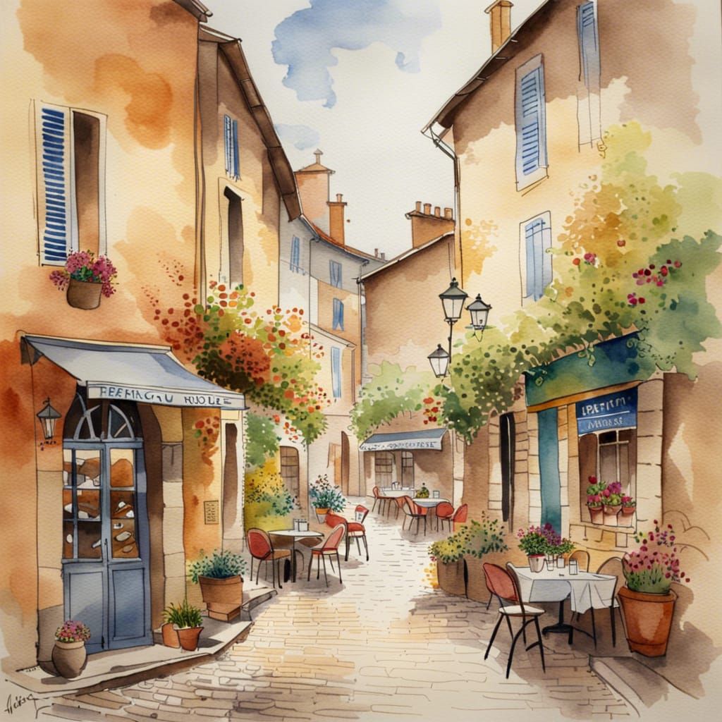 French Village Street Scene in Watercolour