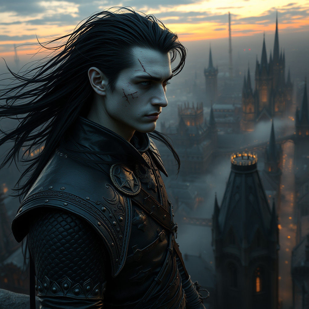Brooding Dhampir in Gothic Cityscape at Dusk