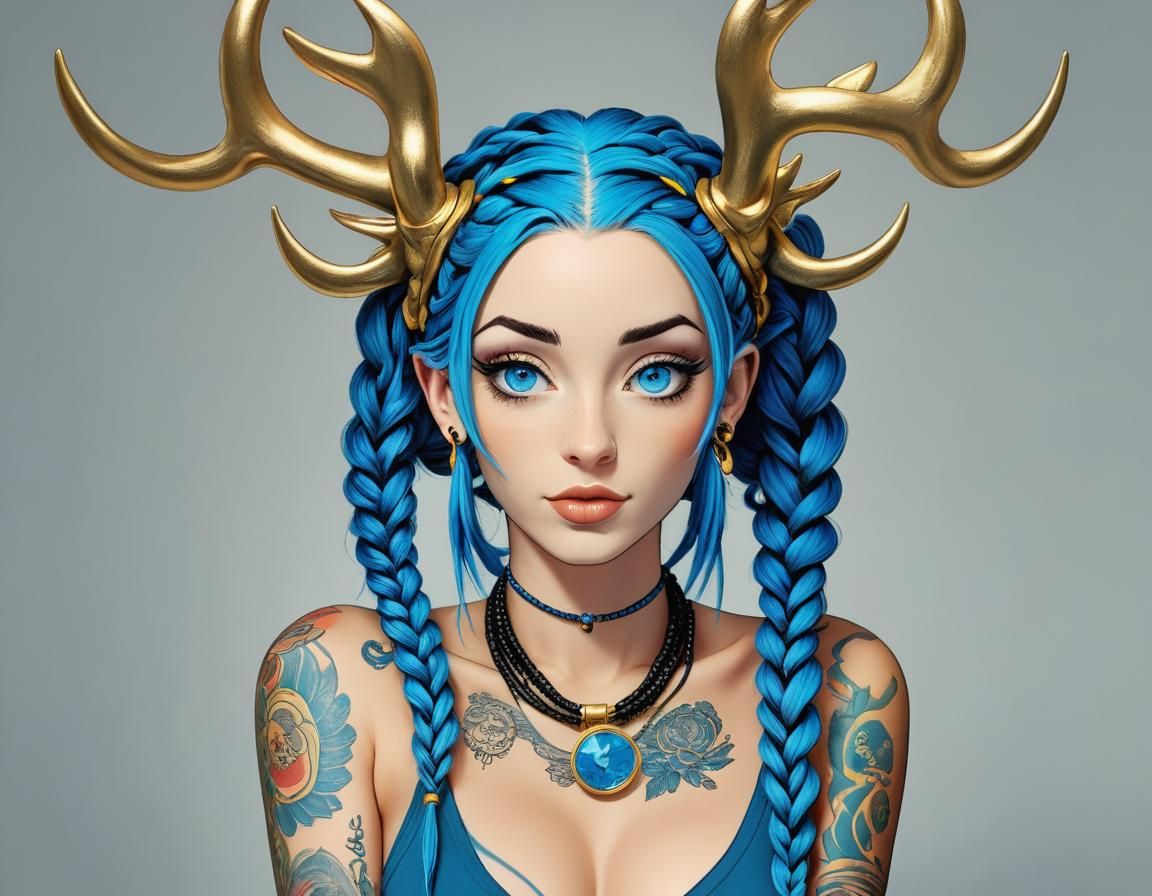 Golden Blue Girl with Antlers, in Hergé Style