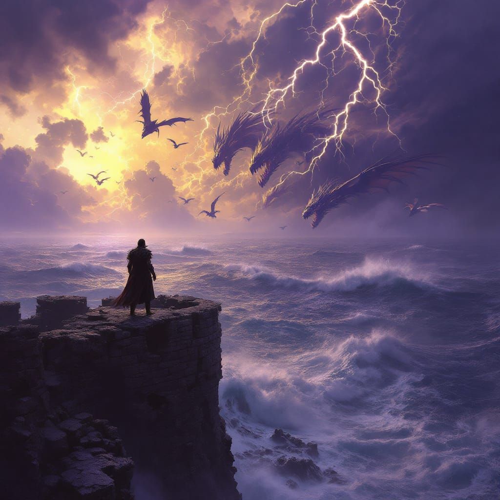 Warrior Gazes at Stormy Ocean with Dragon Assault
