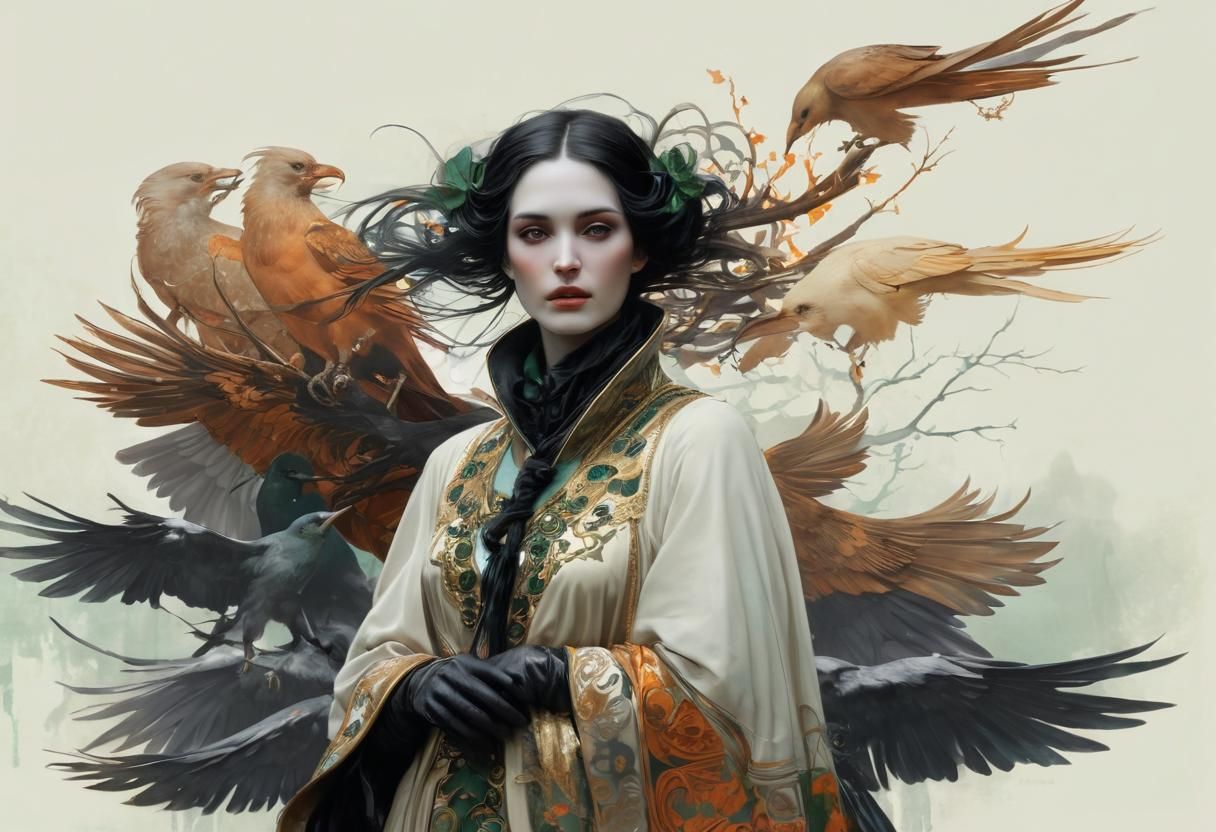 Morrigan and Crows: Art Nouveau Gilded Masterpiece
