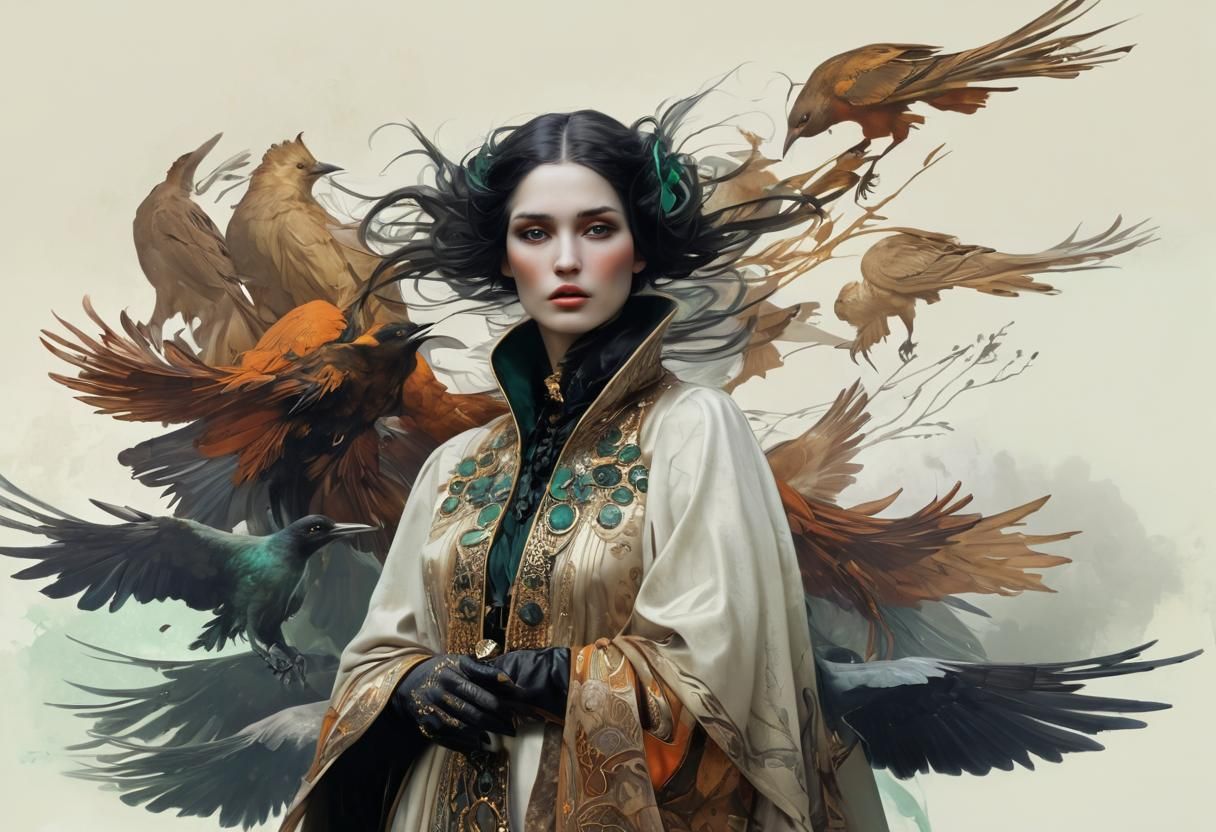 Morrigan with Crows in Art Nouveau Style