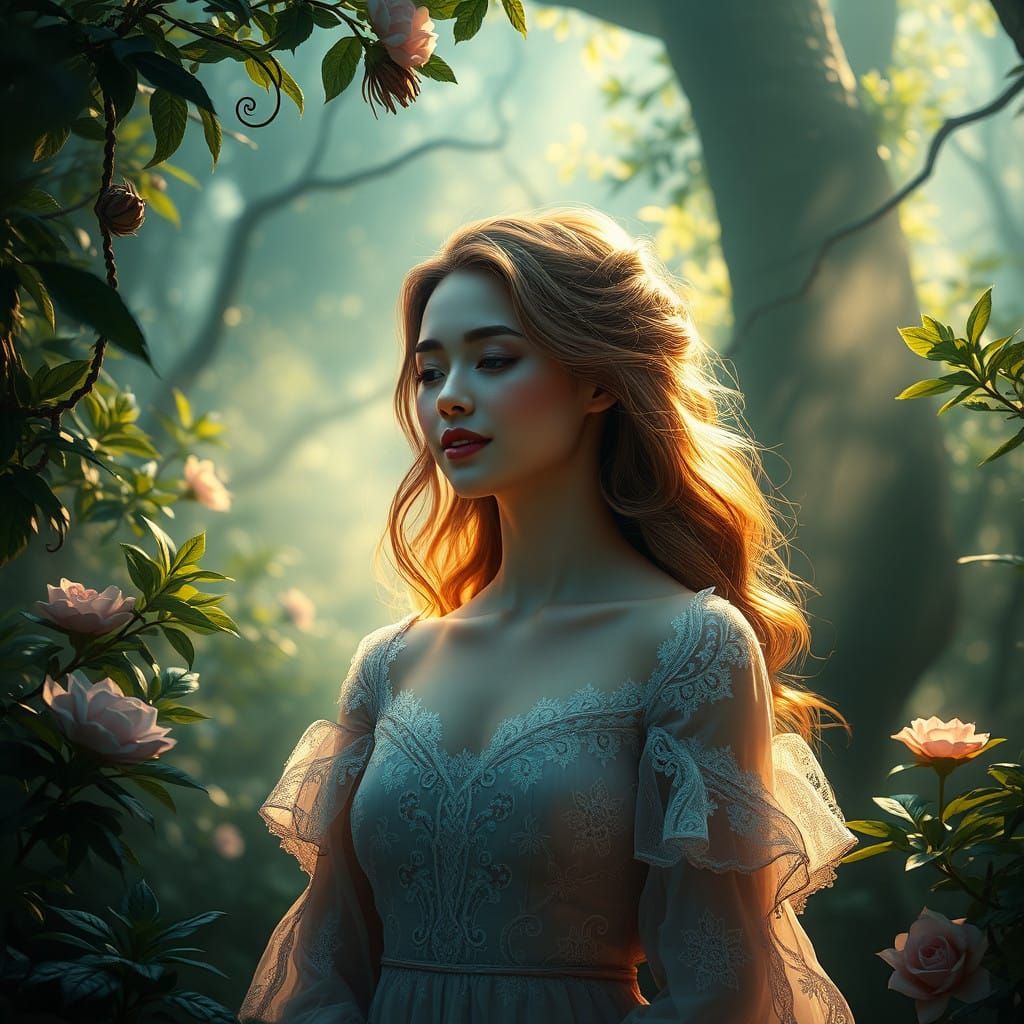 Enigmatic Woman Lost in Mystical Forest