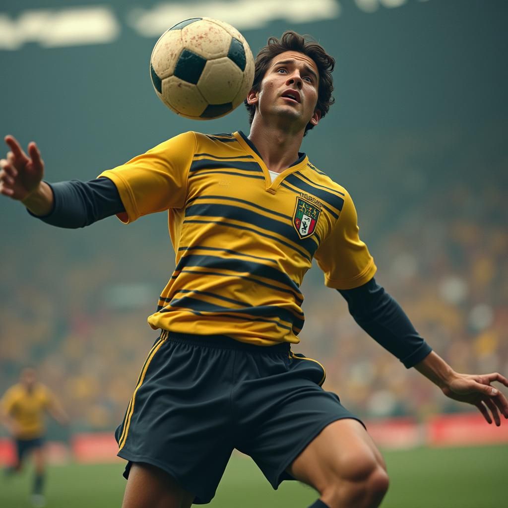 Vintage Footballer Mid-Header in Hyper-Realistic Digital Art