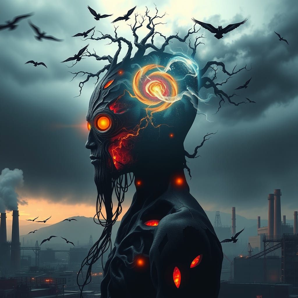 Surreal Cosmic Entity Unfolds Amidst Dystopian Cityscape