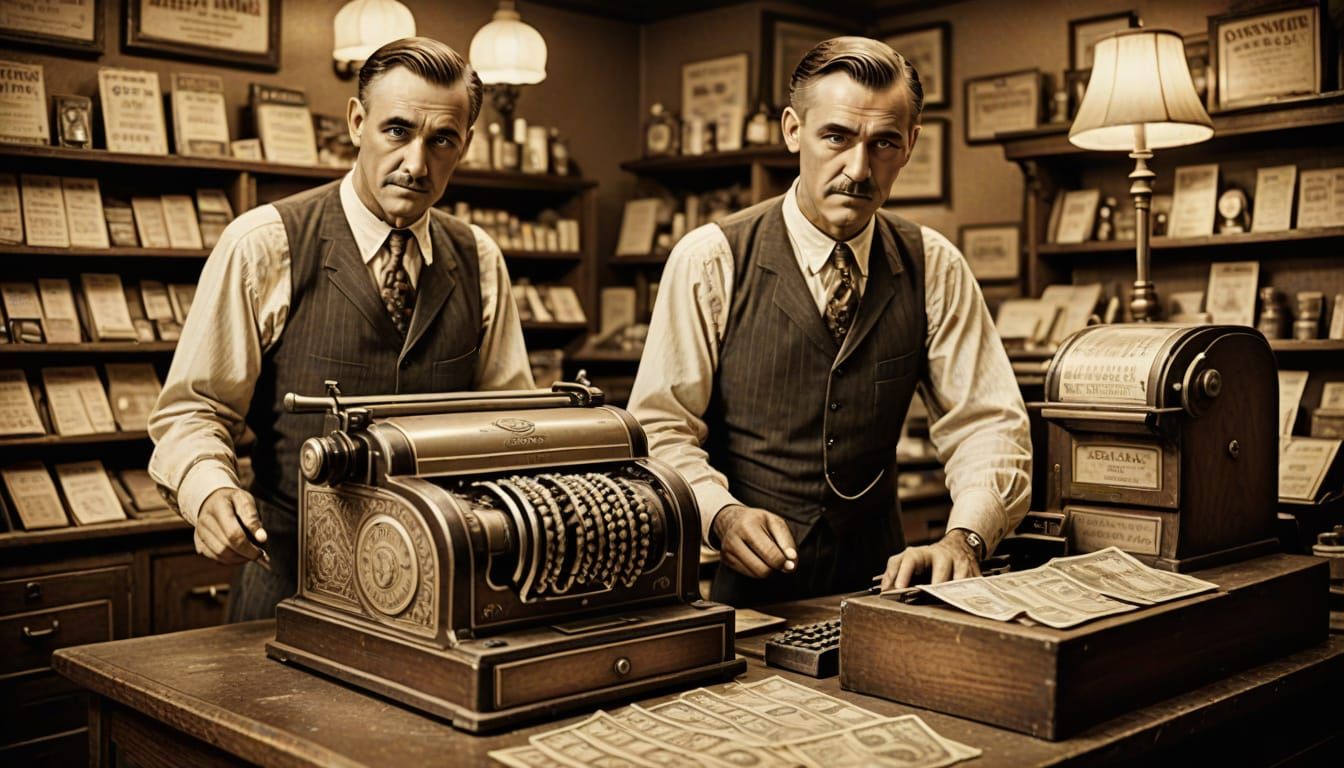 Vintage Shopkeeper Operates Antique Cash Register in Art Dec...