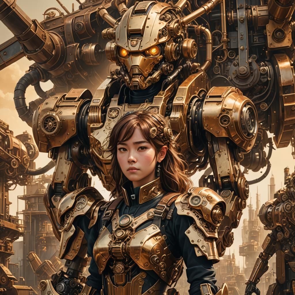 a steampunk mecha pilot standing on the shoulder of her mecha 8k hdr